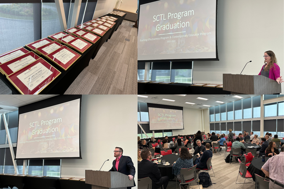 A collage of photos shows the framed certificates laid out on a table, two guest speakers at a podium, and the cohort at tables in the event centre